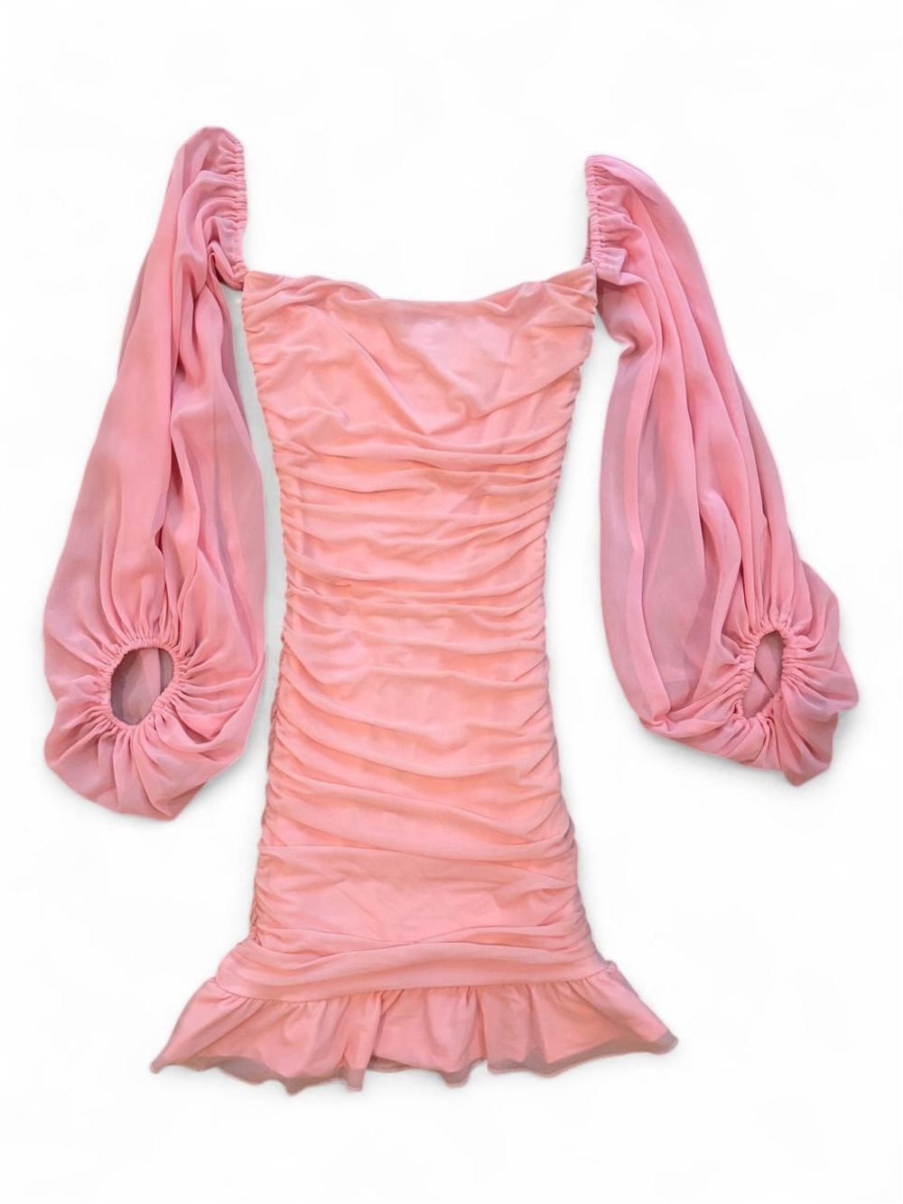 Hello Molly Pink Ruched Mesh Mini Dress with Puff Sleeves